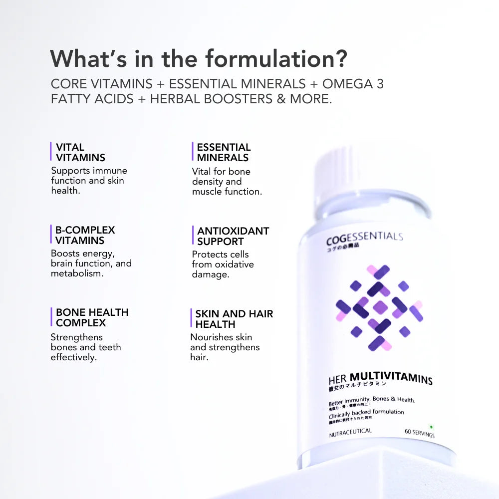 What's is in the formulation? Core vitamins and essential minerals
Omega-3 fatty acids and herbal boosters
Supports immune function, energy, and skin health






