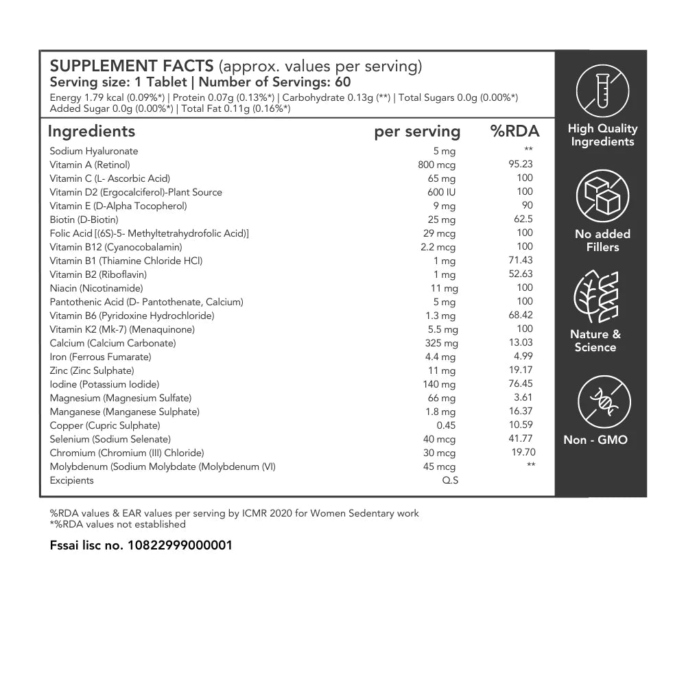 "Cogessentials multivitamins include hyaluronic acid for skin health, vitamins for skin, brain, and bone support, and minerals for hormonal balance and brain health."

