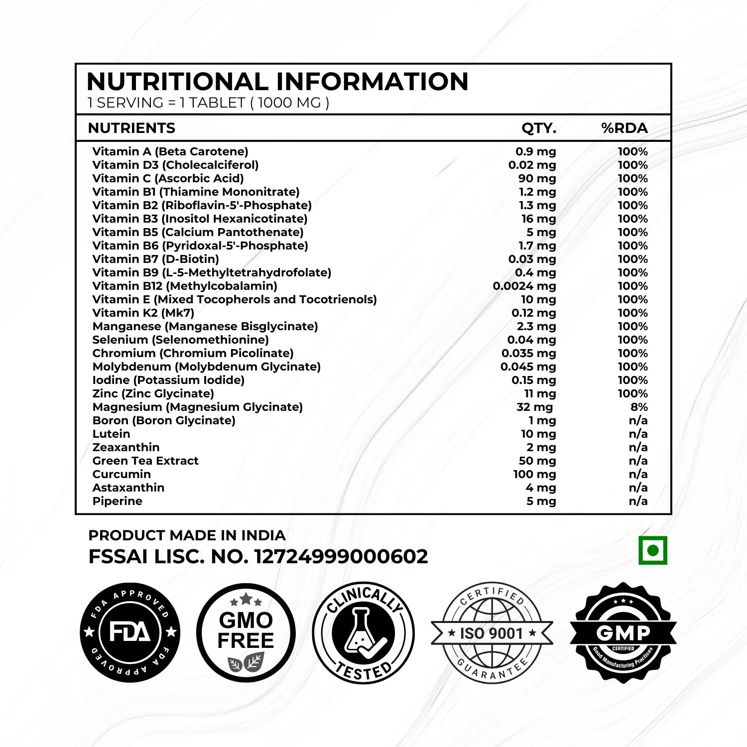 
Description of the ingredients used in God Complex Multivitamins along with the quantities used: Vitamin A (0.9mg), Vitamin D3 (0.02mg), Vitamin C (90mg), Vitamin B1 (1.2mg), Vitamin B2 (1.3mg), Vitamin B3 (16mg), Vitamin B5 (5mg), Vitamin B6 (1.7mg), Vitamin B7 (0.03mg), Vitamin B9 (0.4mg), Vitamin B12 (0.0024mg), Vitamin E (10mg), Vitamin K2 (0.12mg), Manganese (2.3mg), Selenium (0.04mg), Chromium (0.035mg), Molybdenum (0.045mg), Iodine (0.15mg), Zinc (11mg), Magnesium (32mg), Boron (1mg), Lutein (10mg)