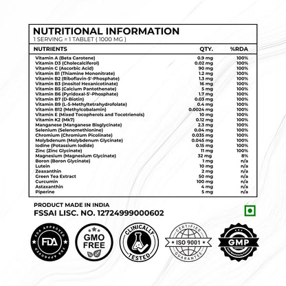 
Description of the ingredients used in God Complex Multivitamins along with the quantities used: Vitamin A (0.9mg), Vitamin D3 (0.02mg), Vitamin C (90mg), Vitamin B1 (1.2mg), Vitamin B2 (1.3mg), Vitamin B3 (16mg), Vitamin B5 (5mg), Vitamin B6 (1.7mg), Vitamin B7 (0.03mg), Vitamin B9 (0.4mg), Vitamin B12 (0.0024mg), Vitamin E (10mg), Vitamin K2 (0.12mg), Manganese (2.3mg), Selenium (0.04mg), Chromium (0.035mg), Molybdenum (0.045mg), Iodine (0.15mg), Zinc (11mg), Magnesium (32mg), Boron (1mg), Lutein (10mg)