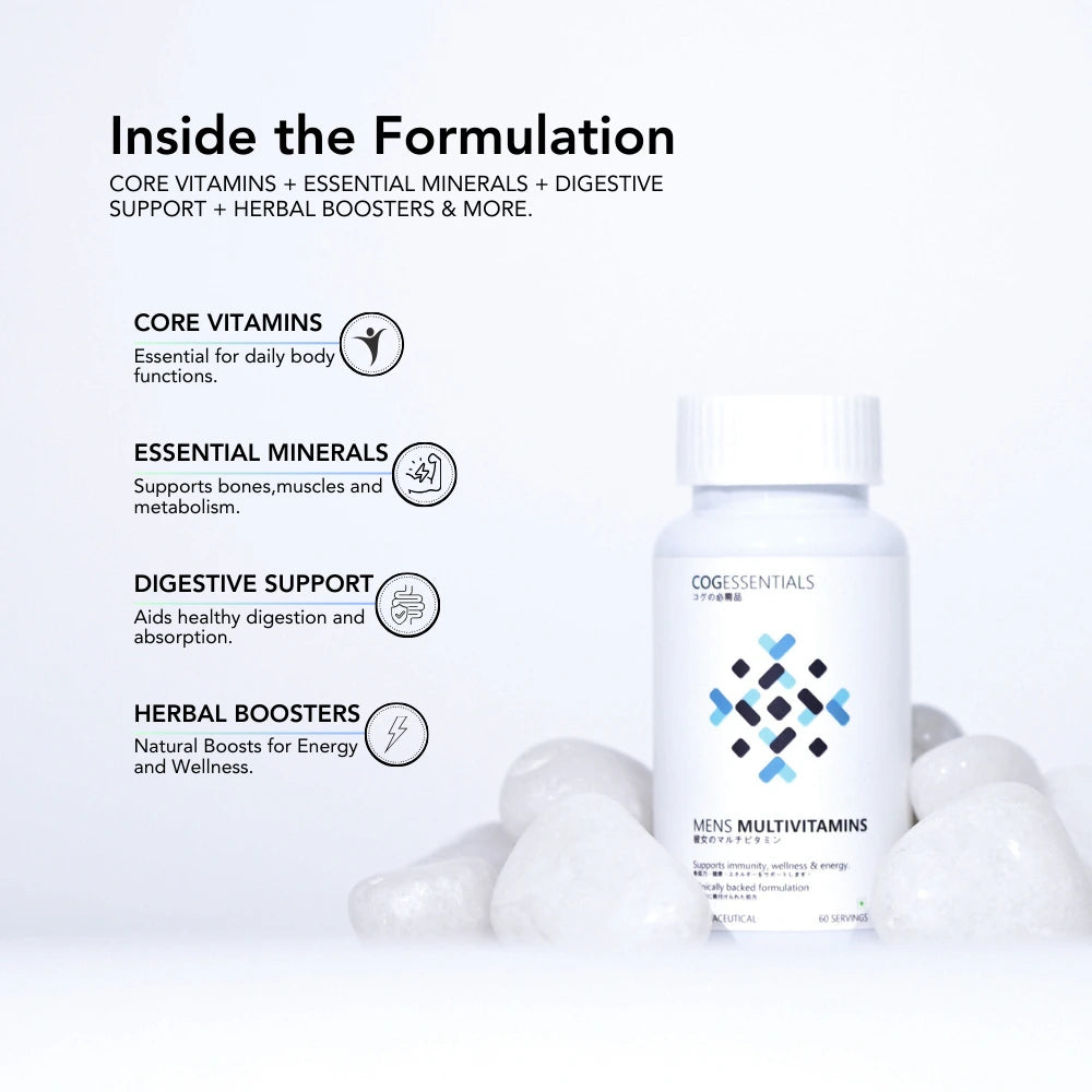 Inside the formulation: Core vitamins, essential support, digestive support, herbal boosters.