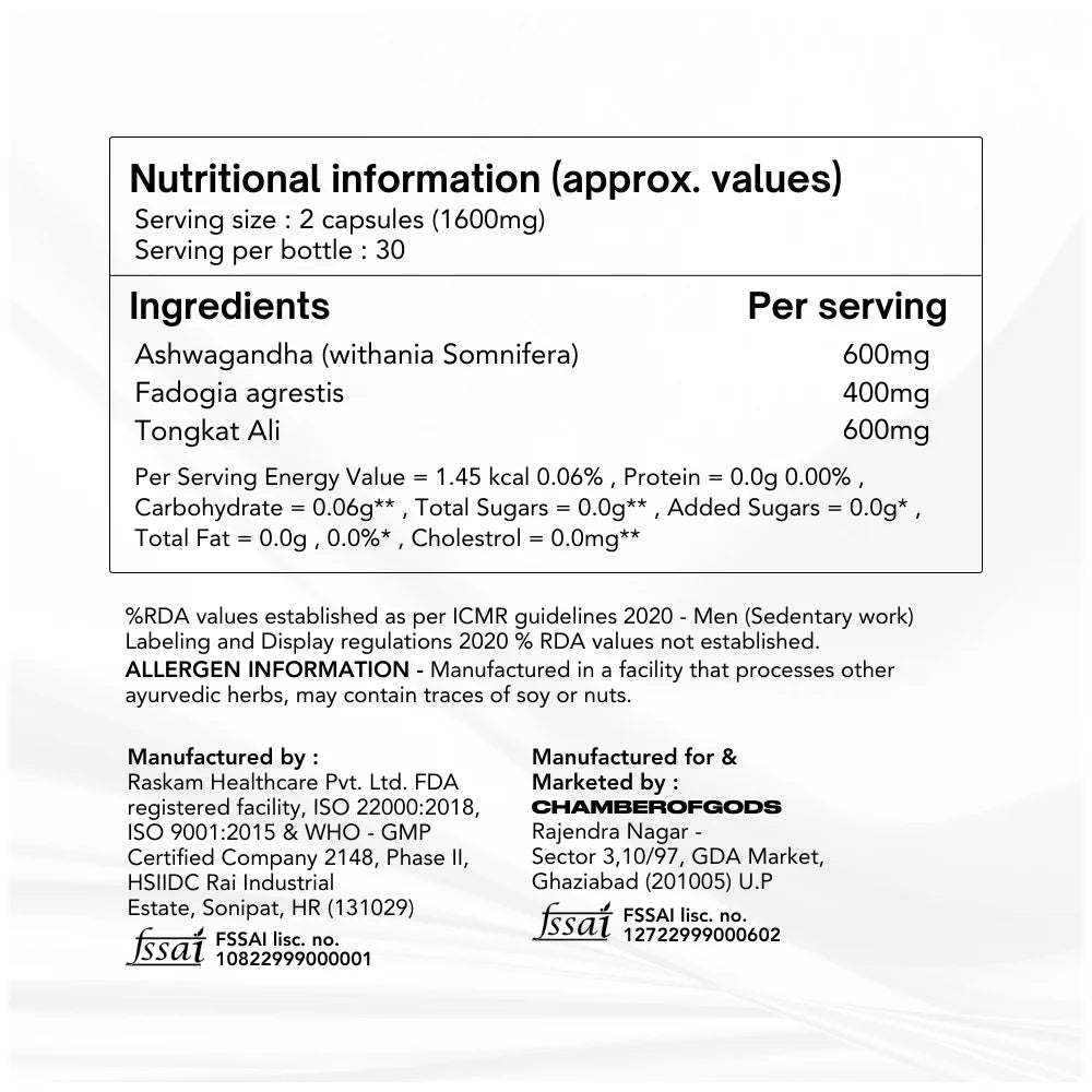 Description of the ingredients used in Godpill along with the quantities used: Ashwagandha (600mg), Fadogia Agrestis (400mg), Tongkat Ali (600mg). Allergen information states that it may contain soy or nuts. Manufactured by Raskam Healthcare Pvt. Ltd., and marketed by Chamberofgods