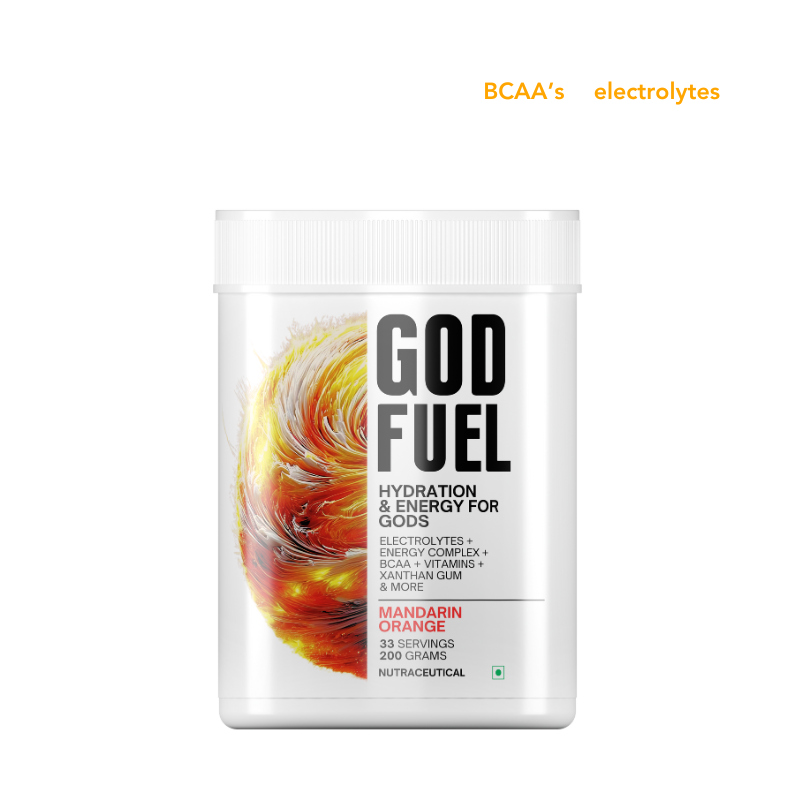 Chamberofgods GodFuel Hydration Supplement with Complete electrolytes, BCAA, Caffeine, Vitamins | Intra workout energy drink | 33 Servings - Orange flavour