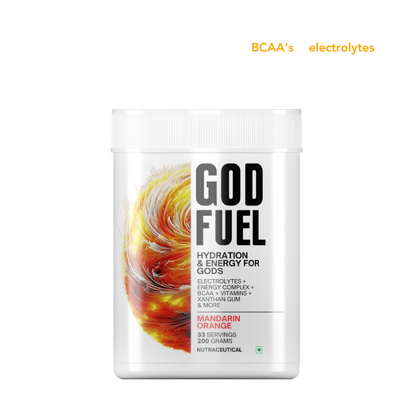 Chamberofgods GodFuel Hydration Supplement with Complete electrolytes, BCAA, Caffeine, Vitamins | Intra workout energy drink | 33 Servings - Orange flavour