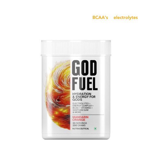 Chamberofgods GodFuel Hydration Supplement with Complete electrolytes, BCAA, Caffeine, Vitamins | Intra workout energy drink | 33 Servings - Orange flavour