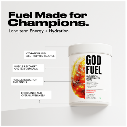 Chamberofgods GodFuel Hydration Supplement with Complete electrolytes, BCAA, Caffeine, Vitamins | Intra workout energy drink | 33 Servings - Orange flavour